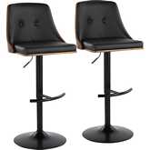 Gianna Adjustable Swivel Bar Stool in Black Metal, Walnut Wood & Black Leatherette (Set of 2)